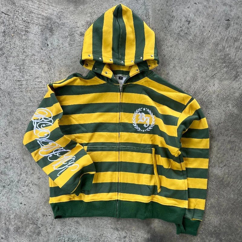 Y2K Street Kid Zip Up Hoodie Stripe Rivet Embroidery Pattern Sweatshirt Men Hip Hop Fashion Streetwear Unisex Boxy Clothing 260311