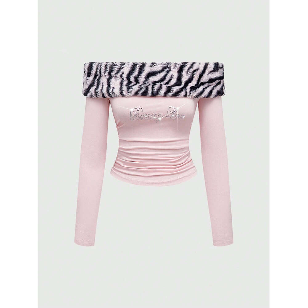 European American cross-border sweet and spicy design slim-fit tight plush leopard print patchwork cropped top for hot girls