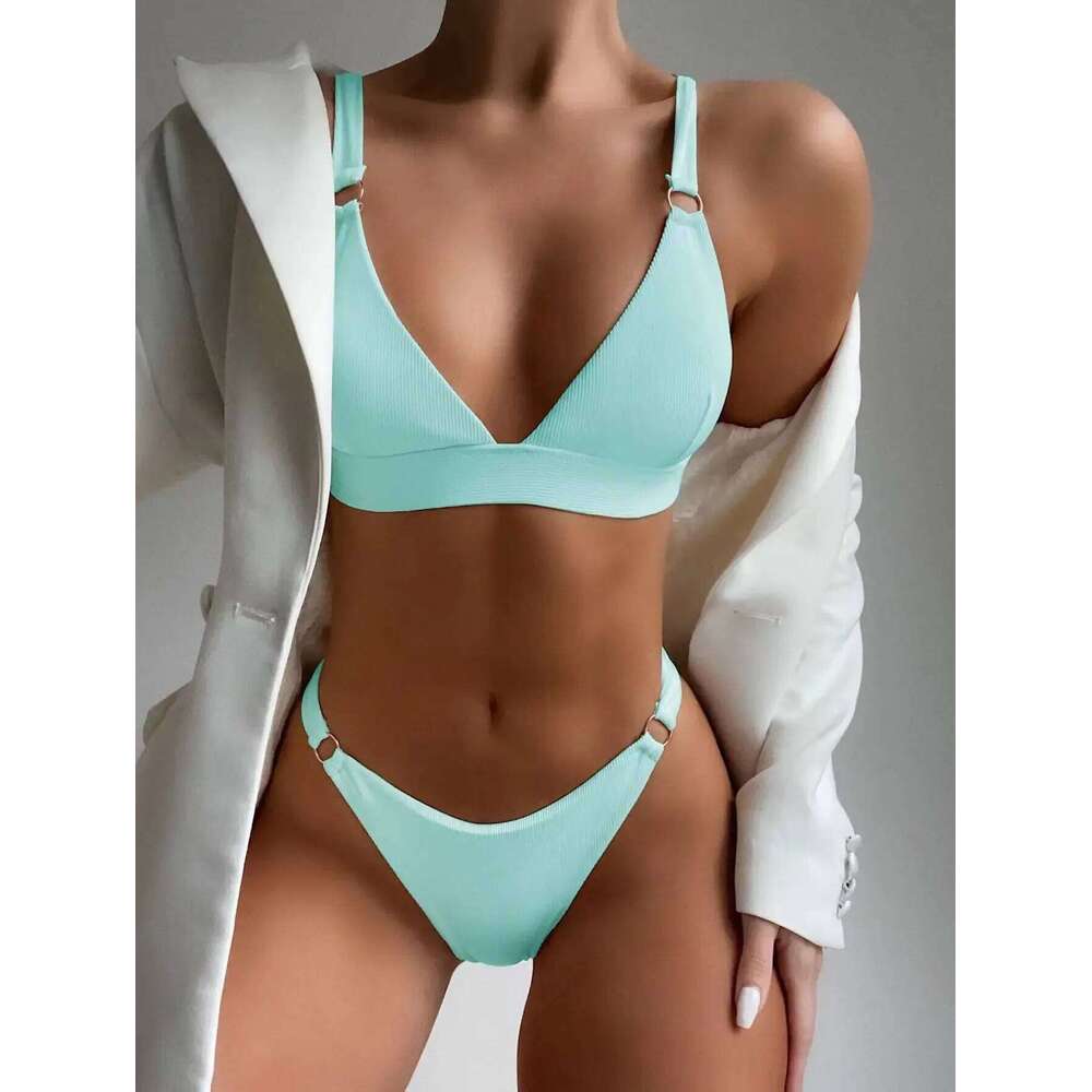 Sexy Ribbed Ring Bikinis Women 2024 New Swimsuit Push Up Swimwear Solid Bikini Set Summer Beach Brazil Biquini Swim Bathing Suit Y260303