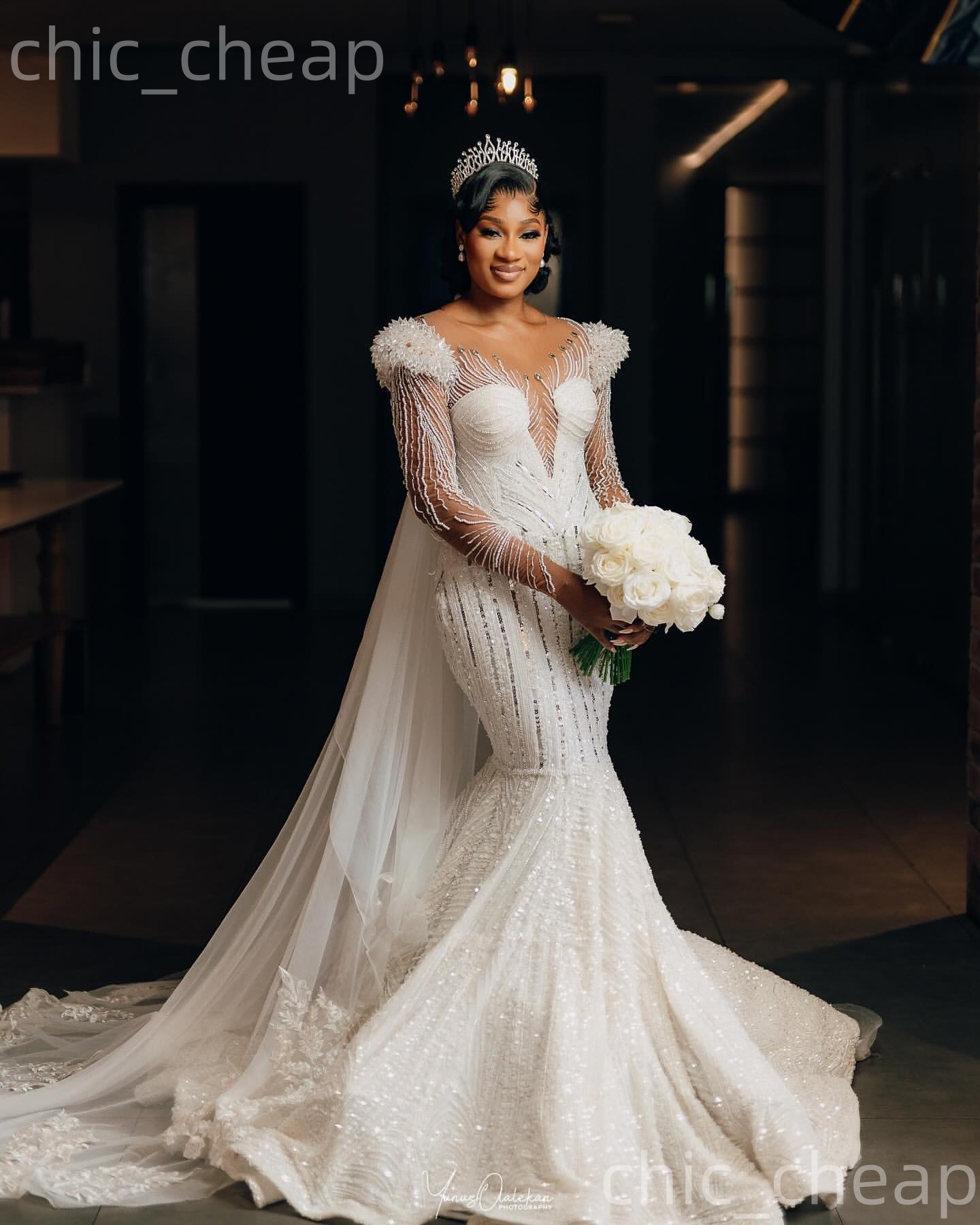 African Aso Ebi 2026 Ivory Mermaid Wedding Dress Rhinestones Beaded Sequined Sheer Neck Sparkly Elegant Bridal Gowns Dresses ZJ240