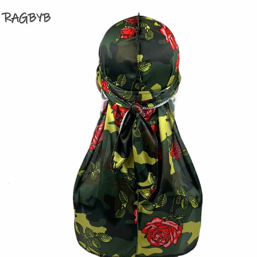 Camo Print Silk Durag Bandanas for Men Silky Durags Long Tail Wave Cap Head Scarf Women Hat Headwrap Durag 260304