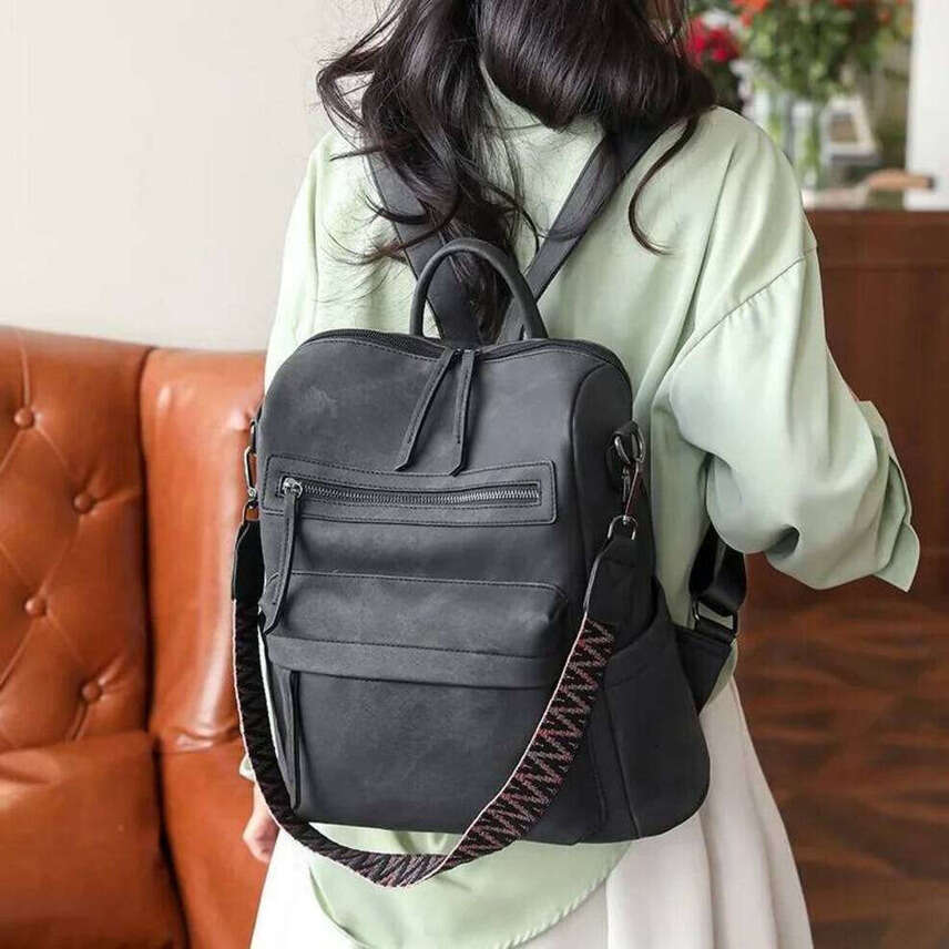 OLOEY Women's Waterproof And Anti-Theft PU Leather Large Capacity Retro Travel College Style Laptop Backpack Shoulder Bag Handbag anti-theft back