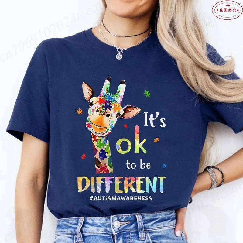 Its Okay To Be Different Giraffe T-Shirt for Women Autism Awareness Acceptance Summer Short Sleeve Tees Graphic Y2k Tops Z260312