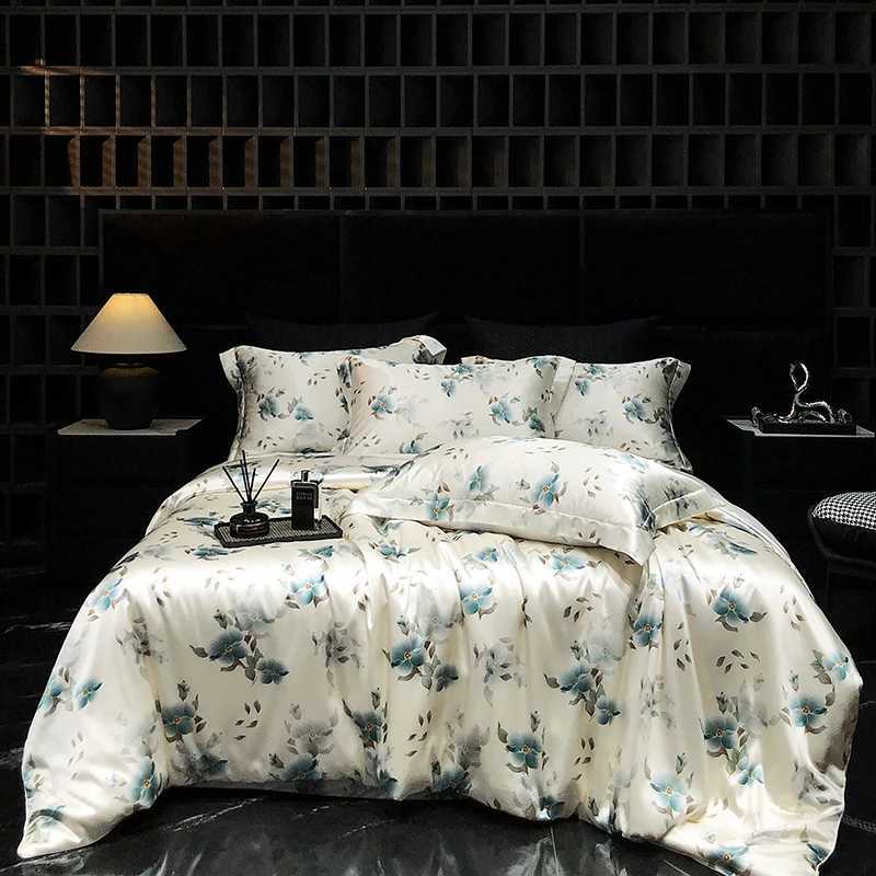 High End Mulberry Silk Bedding Set Floral Printed Luxury Satin Duvet Cover Set with Sheets and 2 Pillowcases King Queen SizeT260312 - view 6
