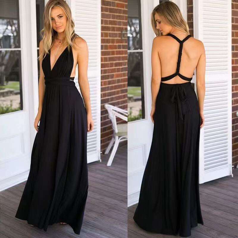 New Cross-Border European And American Style Solid Color Versatile Sexy Tie Red Long Gown Bridesmaid Dress
