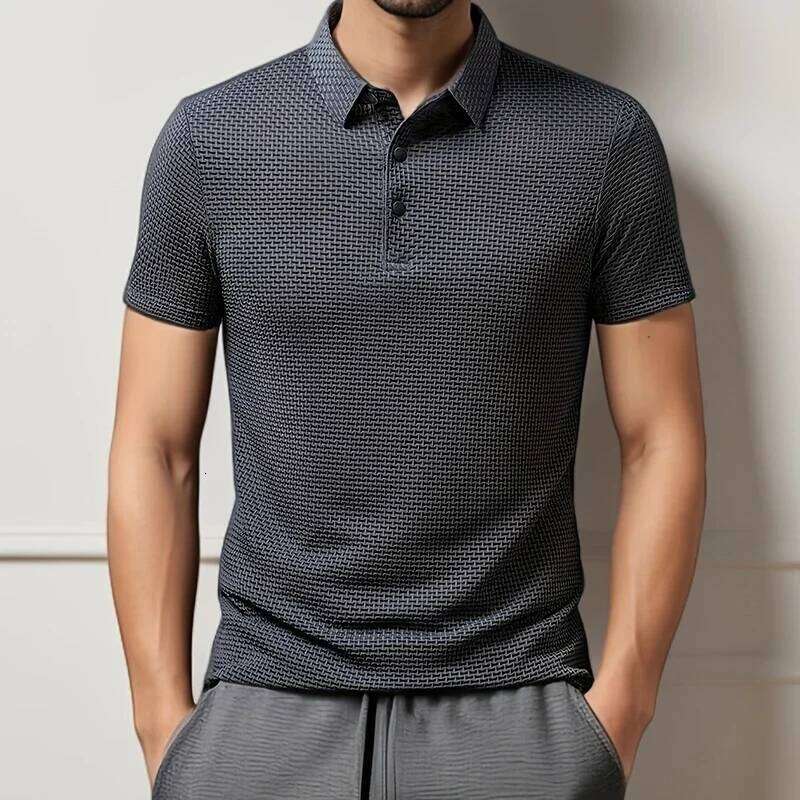 New Men's Business Casual Short Sleeved Bone Flower Solid Color POLO Shirt Fashion Breathable Comfortable Summer Versatile Top 26H0312