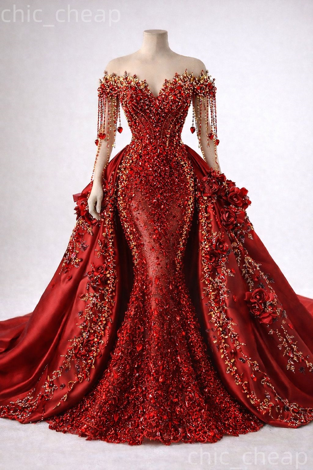 2K26 Red Prom Dress 2026 Mermaid Prom Dress Rhinestones Beaded Detachable Train Flowers Evening Dresses Birthday Party Formal Receiption Gowns Dresses ZJ05