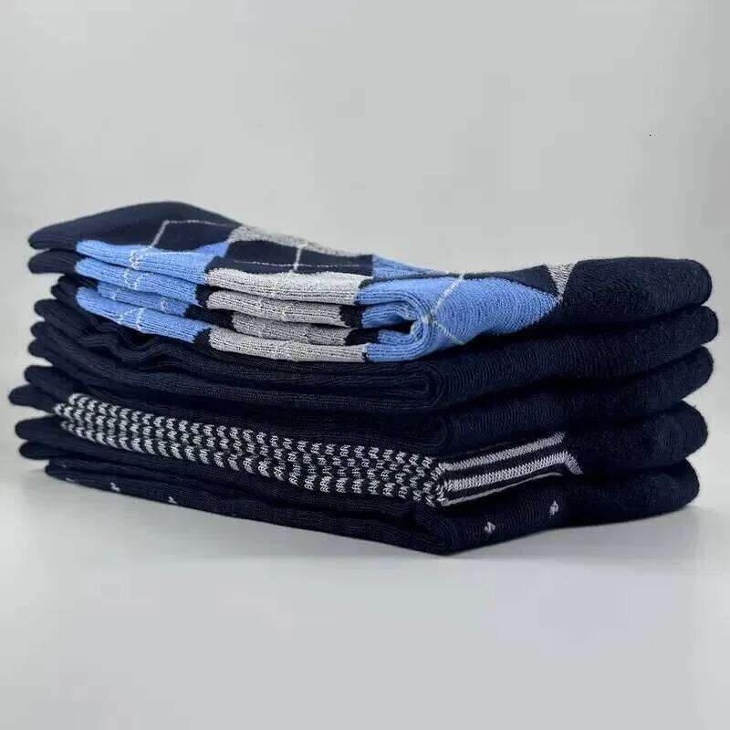 5/10 Pairs Men's Rhombus Blue Business Mid Tube Anti Odor Sweat Absorbing Comfortable Breathable All Season Casual Socks Z260312