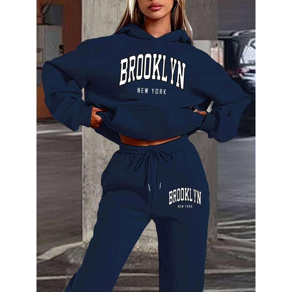 Women's autumn and winter fashion casual Brooklyn New York letter print with thick fleece warm hoodie+sweatpants set C260312