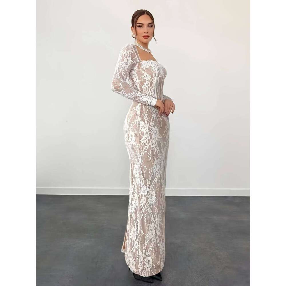 Elegant Direction Women's Spring Summer New Lace Splice Sexy Slim Long Sleeve Fashionable Casual Midi Dress C260311