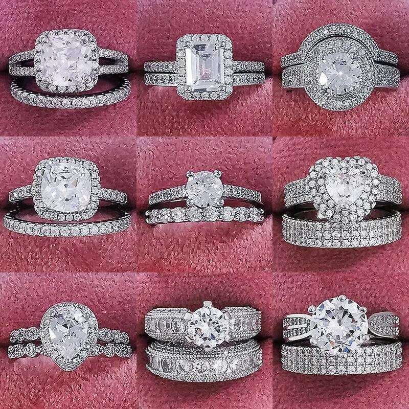 Luxury Female White AAA Zircon Wedding Ring Set Fashion 925 Silver Filled Jewelry Promise Engagement Rings For Women H260312