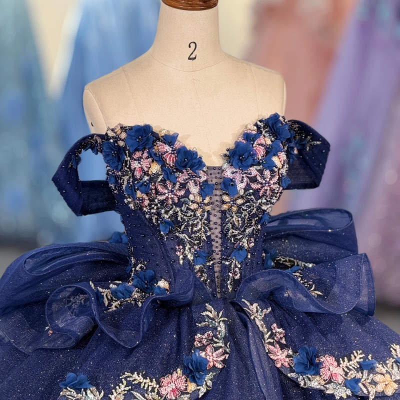 Navy Blue Shiny Ball Gown Quinceanera Dresses 2026 Applique Flower Beading Crystal Bow Tull Corset Off Shoulder Sweet 16 Dress Vestidos De 15 Anos