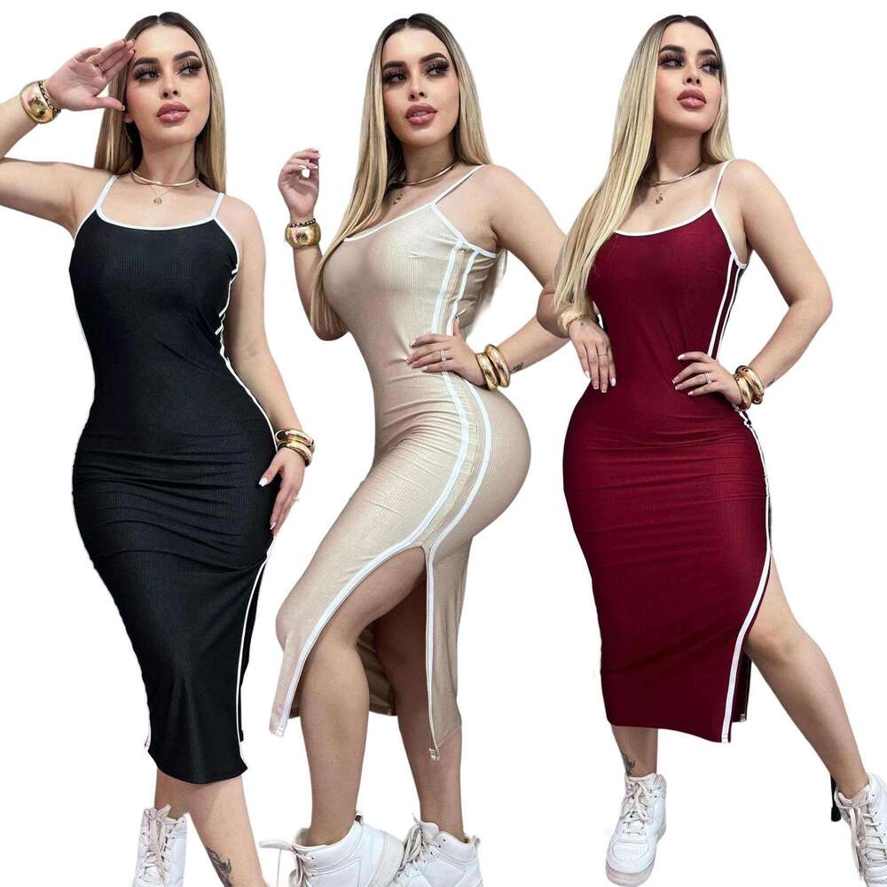 European American Cross-Border Dress, New Stylish And Elegant Embroidered Sleeveless Strap Slim-Fit Dress With Slit