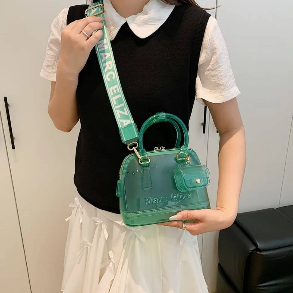 Shell-Shaped Transparent Jelly Elegant Double Handles Solid Handbag with Mini Pendant Summer Color Shoulder Bag