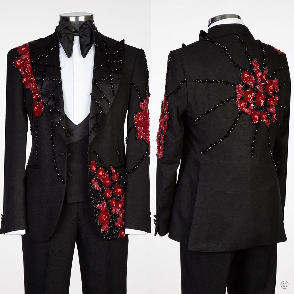 Stylish Men Suits 2 Pieces Peaked Lapel Blazer Sequins Beading Tailor-Made Jacket One Button Groom Prom Party Customized Coat Pants Plus Size