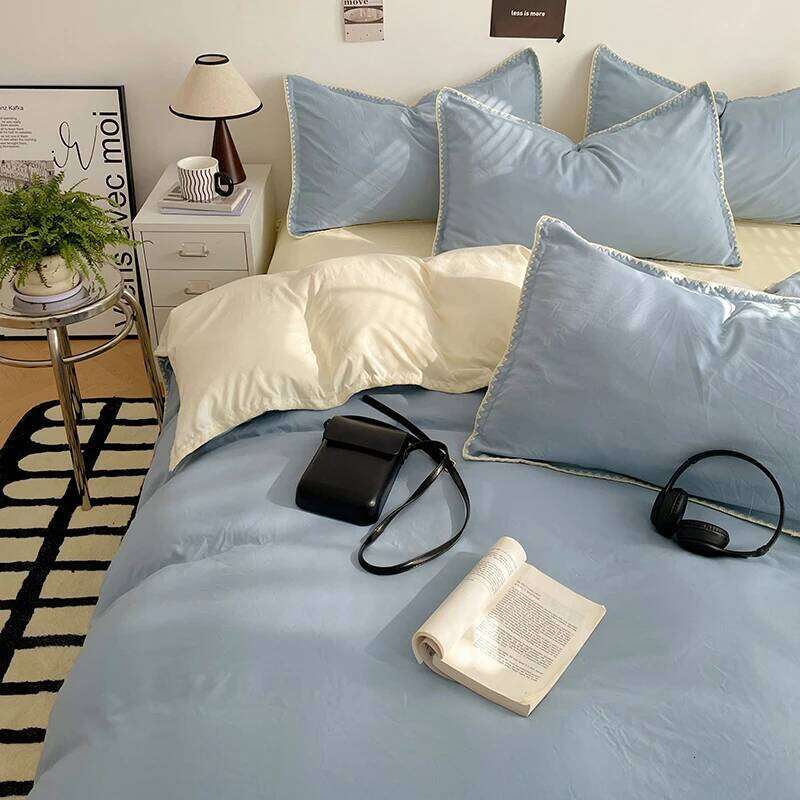 Simple Washed Cotton Linen Bedding Four Piece Flat/Fitted Sheet Comforter Set Full Double Couple Bed Quilt Cover H260312