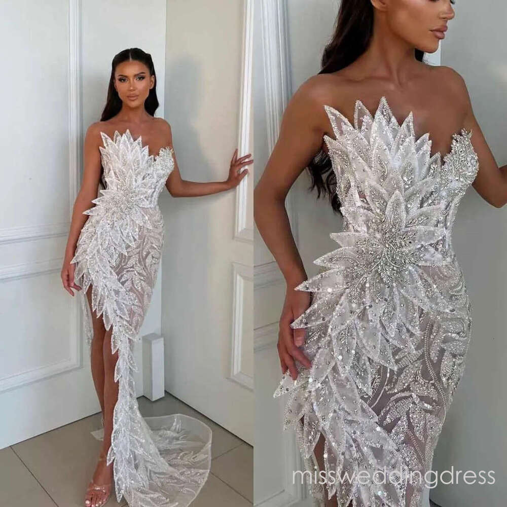 Gorgeous Wedding Dresses Crystal Mermaid Bridal Gowns Strapless Sequins Custom Made Sleeveless See Through High Split Bride Dress Vestidos De Novia