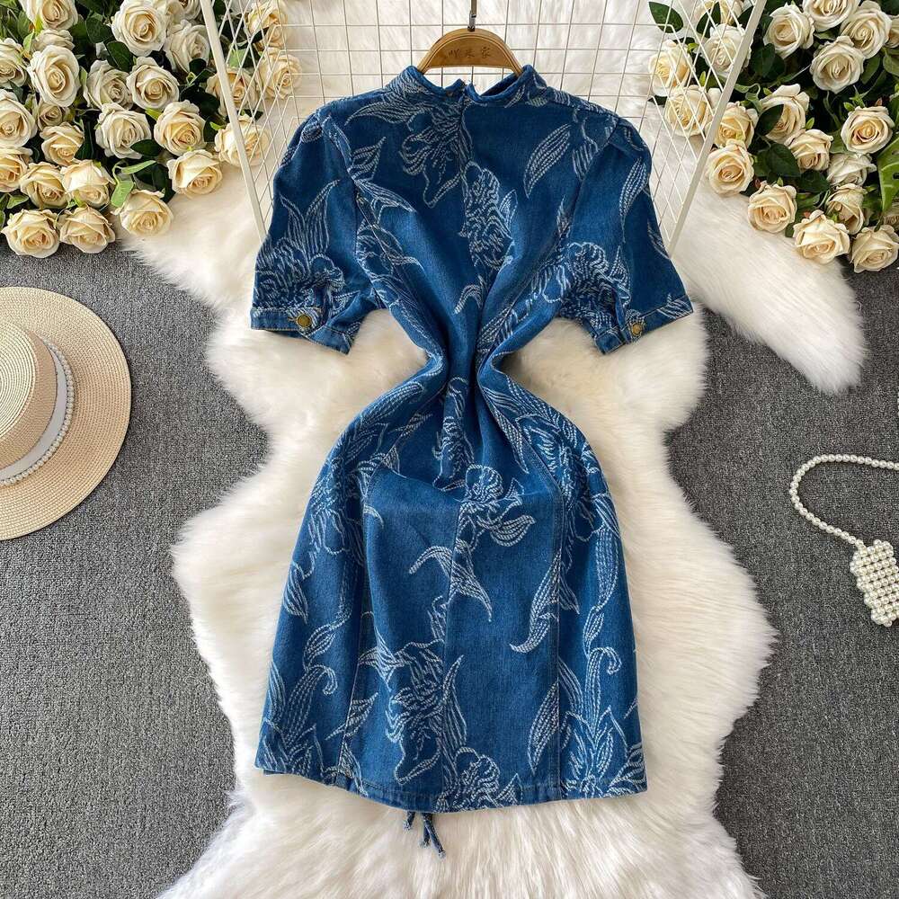Women's retro button up collar dress, summer high-end jacquard slim a27 fit youth improved cheongsam 2026