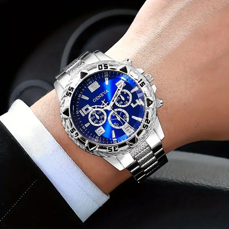 Trendy men's watch, steel strap quartz watch, fashionable blue light glass men's three-hand watch