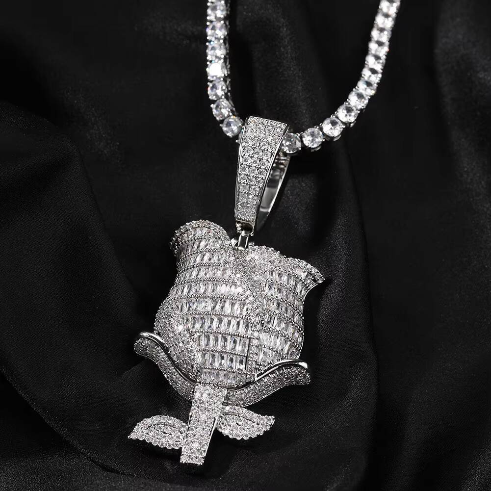 New Arrival Sparkling Full Diamond Rose Pendant Necklace with Moissanite, Men's Hip Hop Rap Jewelry