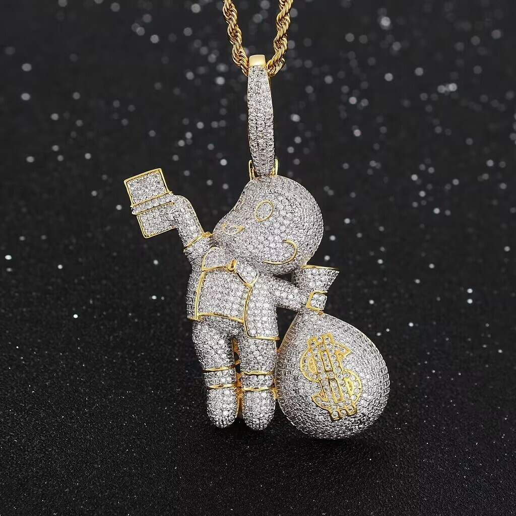 New Large Size High Quality S925 Moissanite Stones Cartoon Men Money Bag Necklace Hip Hop Pendant Jewelry Bling Iced Out Rock New