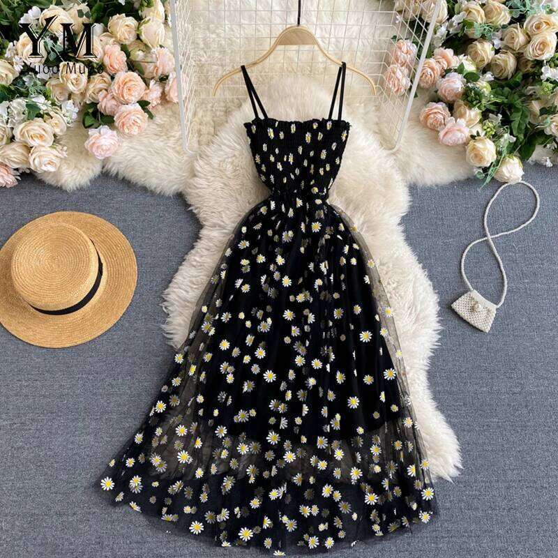 YuooMuoo Korean Fashion Daisy Flower Print Mesh Party Summer Two Layers Spaghetti Strap Vacation Midi Dress Beach Vestidos C260311