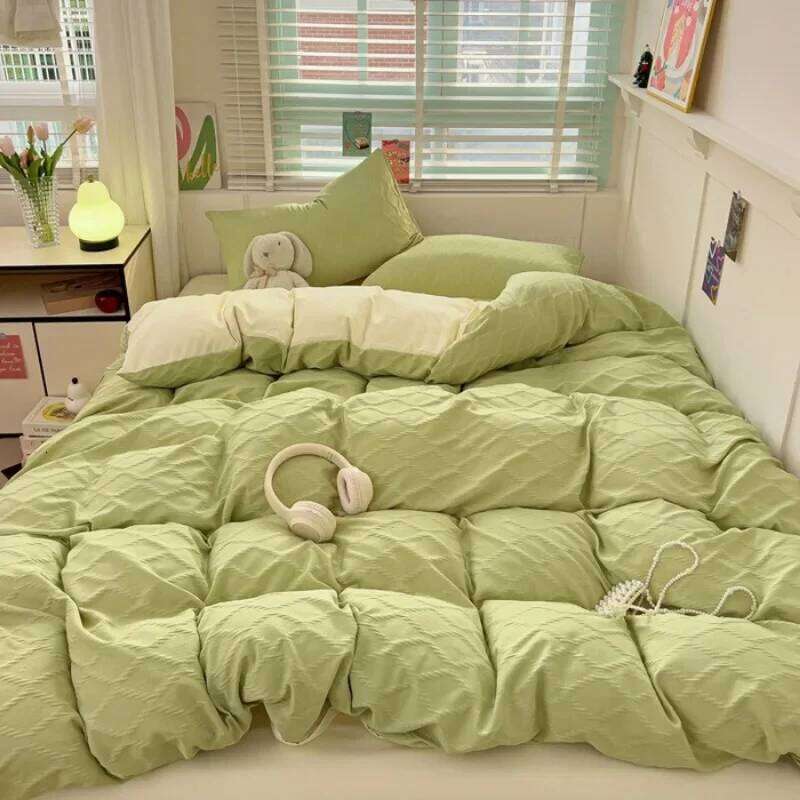 seersucker bed sheet four-piece set washed cotton skin-friendly and comfortable rhombus solid color quilt cover H260312
