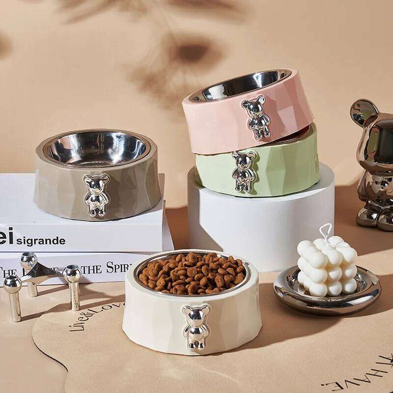 Supplies Stainless Steel Diamond Bear Pet Cat Food Utensils slip Anti overturning Dog Bowl 26Y0312