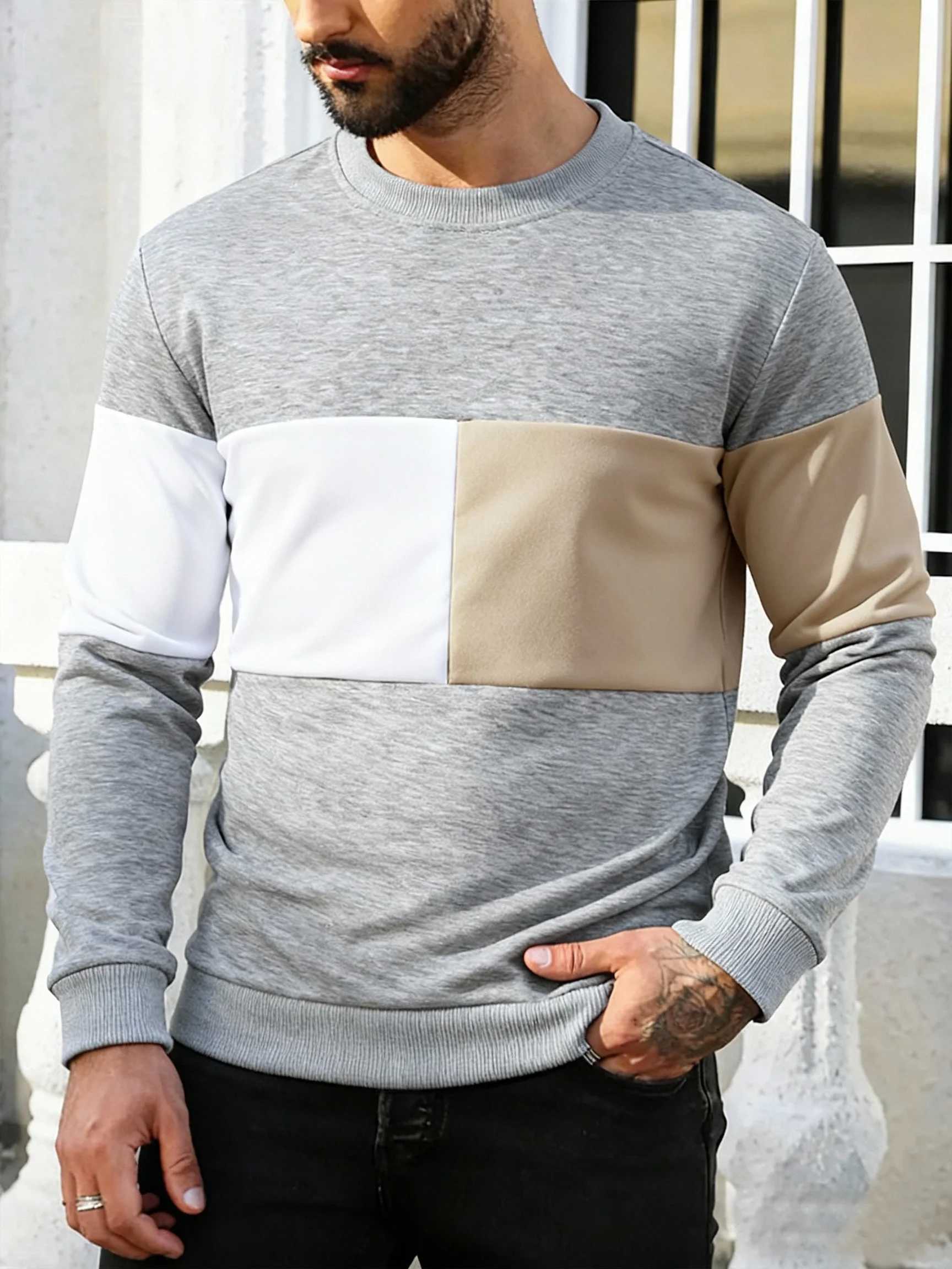 Mens Crew Neck Sweatshirts Patchwork Loose Sweatshirts Spring Autumn Outdoor Jogging Tops Casual Daily Long Sleeve Pullover M260312