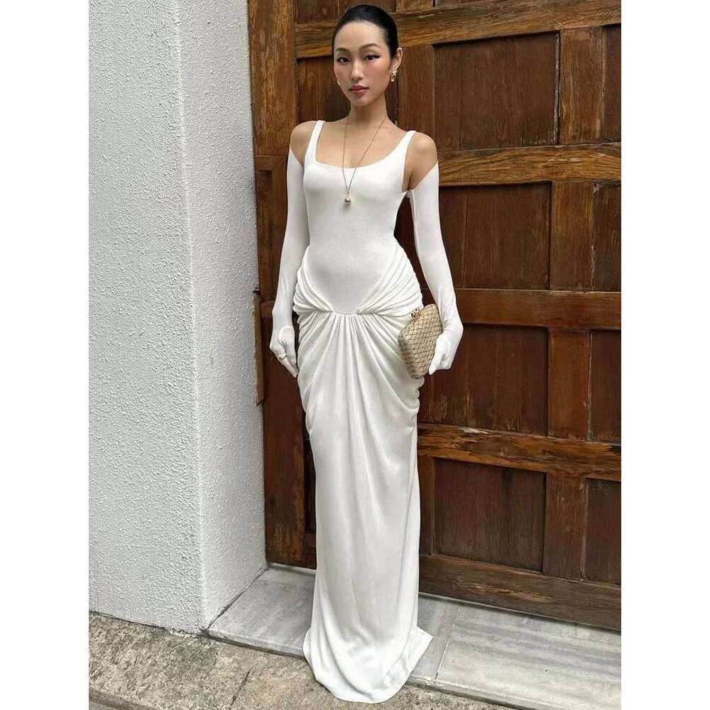 kliou Women High Street Classic Maxi Dress Solid Pleated Full Sleeve U-neck Body-shaping Robe Lady Elegant Simple Frock C260312