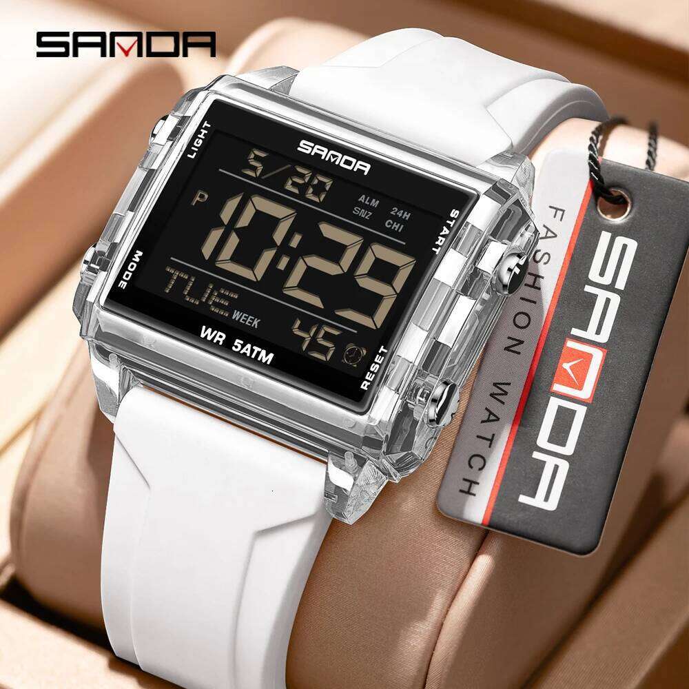 SANDA Brand 6275 Square Transparent Timing Electronic Student Alarm Clock Multifunctional Waterproof Sports Watch