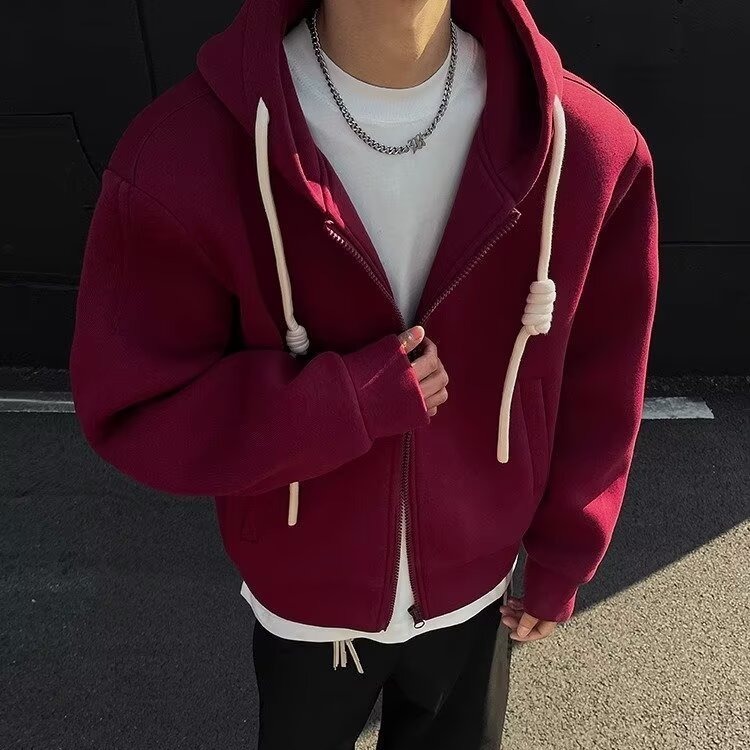 Designer Hoodie Trendy New Year Red Jacket For Men Spring High Street Style Cool Design Couple's Solid Color Cleanfit Cardigan Hooded Sweatshirt