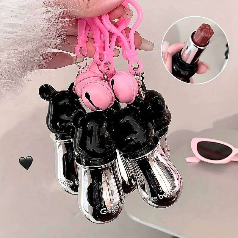 Velvet Matte With Cute Keychain Bear Paw Design, Highly Pigmented Black Tube Lipstick For Students & Daily Makeup W260311