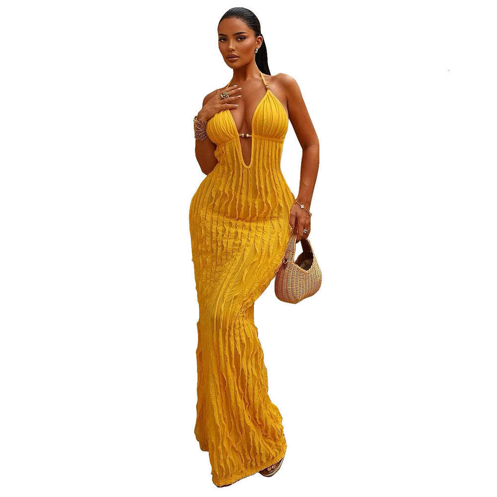 2025 Summer New Hot-Selling Backless Halter Tie Deep V Striped European and American Style Women's Dress