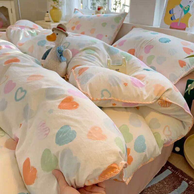 Ins Bedding Purple Love Stripe Double Layer Yarn Four Piece Dormitory Girl Heart Bed Sheet And Quilt Set Washed Cotton H260312