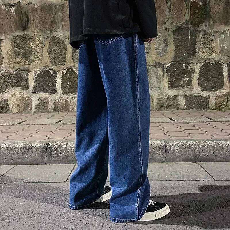 2025 New Streetwear Jeans Men Korean Style Fashion Loose Straight Wide Leg Pants Men's Brand Clothing Black Light Blue