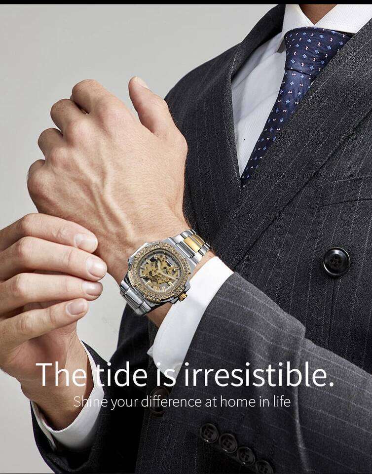 LONGLUX automatic luxury stainless steel wholesale mechanical wristwatches skeleton waterproof diamond man watch
