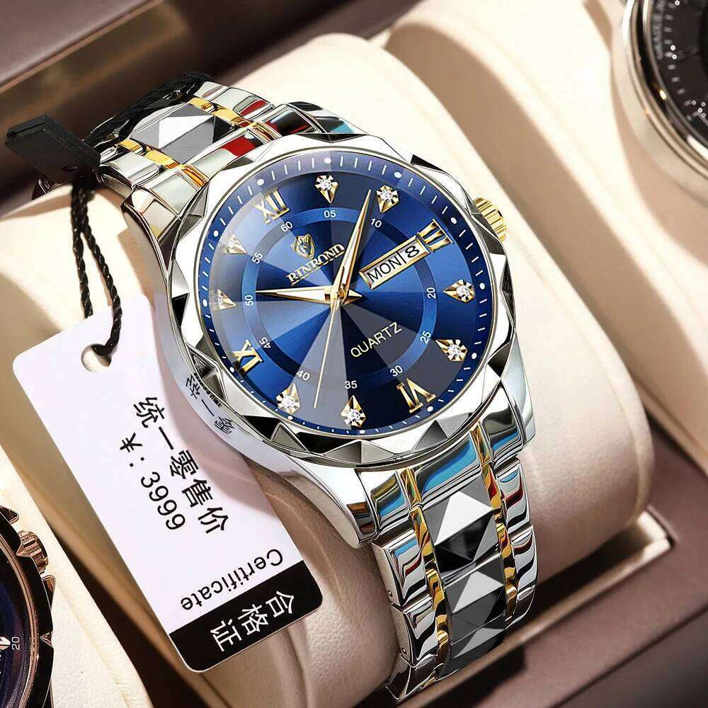 BINBOND Waterproof Stainless Steel Quartz 2024 Top Brand Luxury Night Glow Date Week Men's Watch 2521