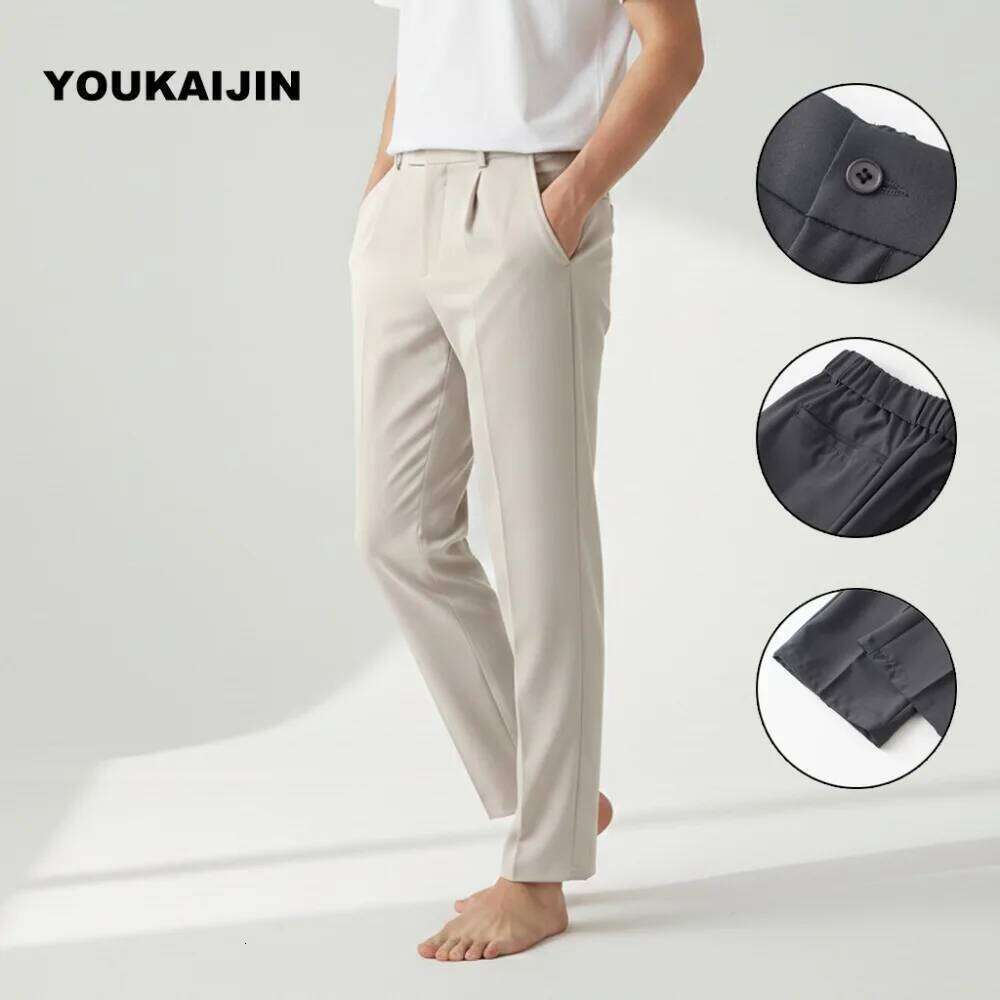 Men's Casual Straight Leg Dress Pants Korean Fashion Solid Color Semi Elastic Waist Business Trousers Spring Summer Clothing