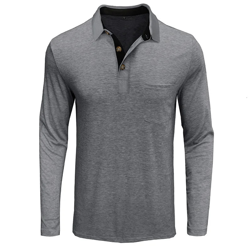 Spring Trend Mens Long Sleeve Casual Tshirt Solid Lapel Button Up Pullover Tops Autumn Turn Down Collar Bottoming Polo Shirt 260311