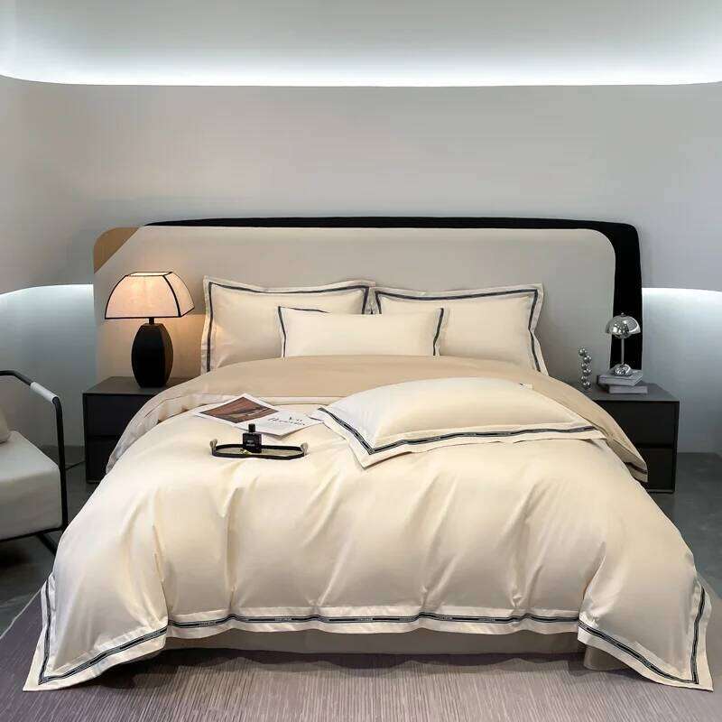 New long-staple cotton four-piece set, 40-piece solid color wide-edge simple bed quilt cover and sheet H260312