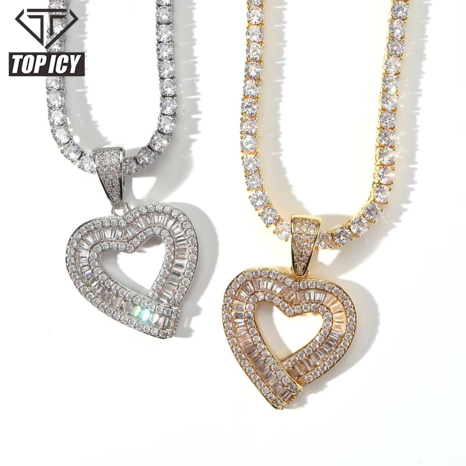 Top ICY Fashion Hip Hop Baguette Heart Pendants for Necklace Couples Men and Women love Romantic Iced Out Pendant Necklace