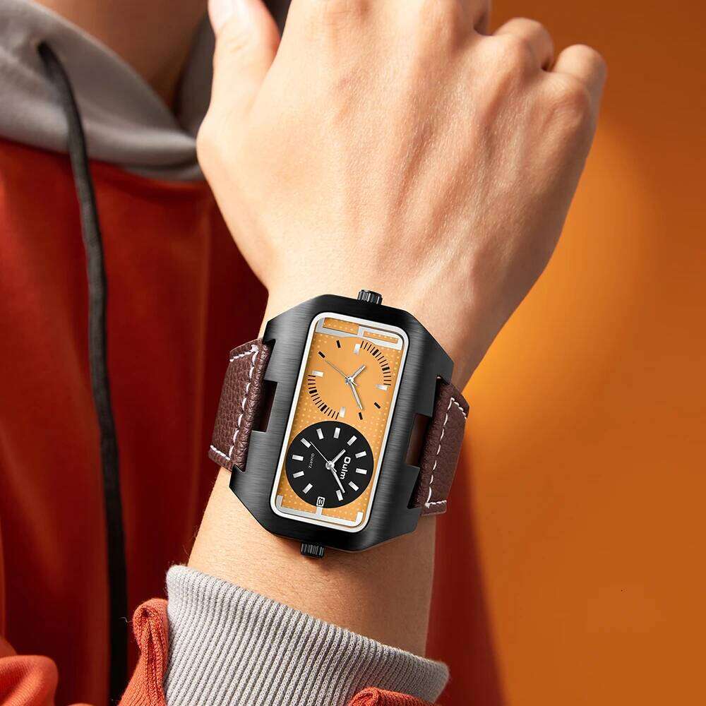 Oulm New Fashion Trend Cool Men's Night Light Calendar Function Dual Time Zone Rectangular Large Dial Quartz Watch reloj