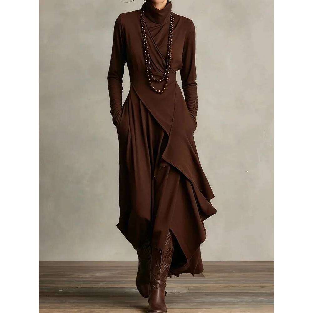 Spring Autumn Long Sleeve Solid Party Women Holiday Turtleneck Simple Irregular Dress, New Fashion Patchwork Ladies Dress C260311