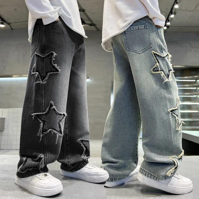 Fashion Teenager Boys Denim Wide Leg Pants Child Trousers Spring Autumn Star Splicing Raw Edge Jeans 514 Yrs Kids 260311