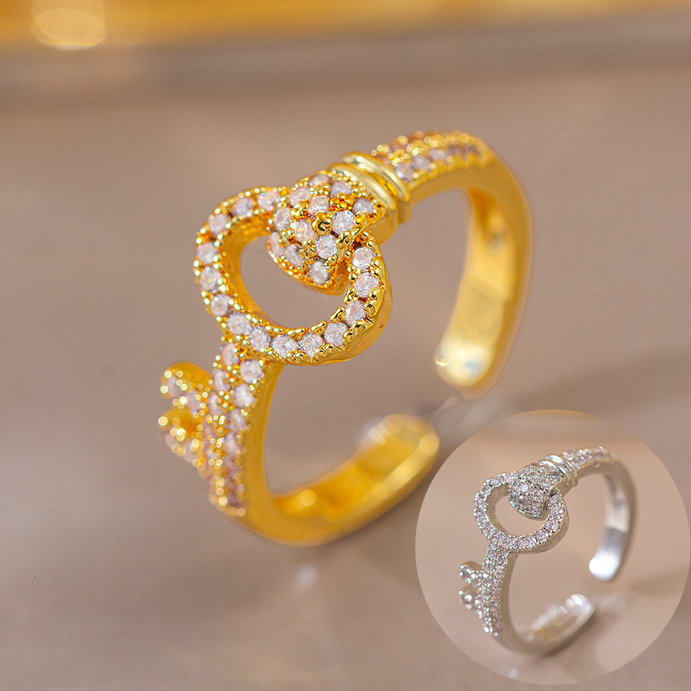 Ring Gold Plated Elegant High-End Full Zircon Key For Women Ring, Adjustable Open Ring With A Simple Sophisticated Design Ring