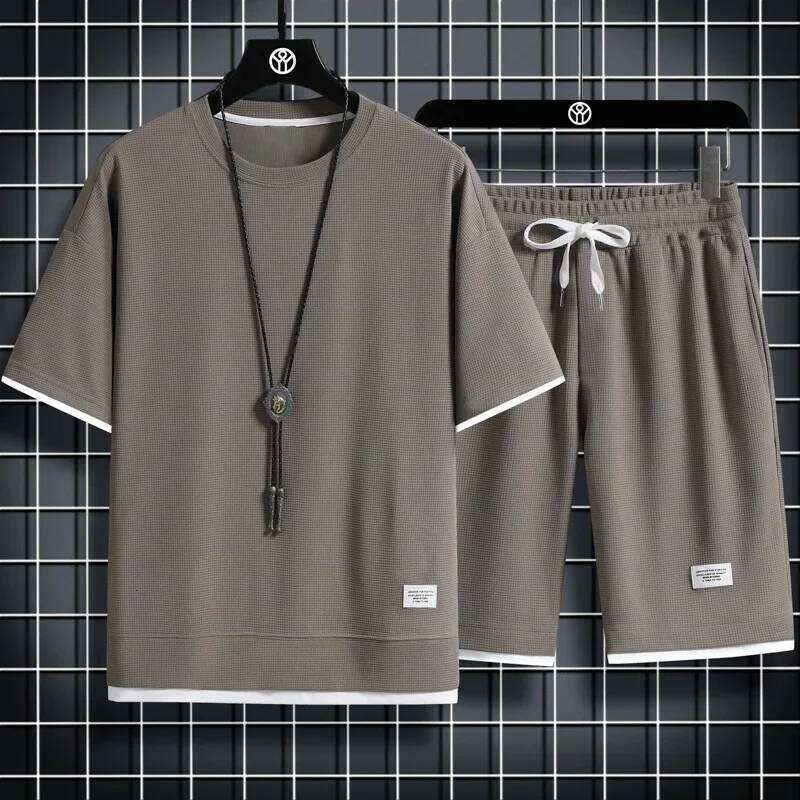 2025 Summer Men's Sports Casual T-Shirt + Set Waffle Solid Color Short-sleeve Shorts Two Sets Tracksuit Loose Suits