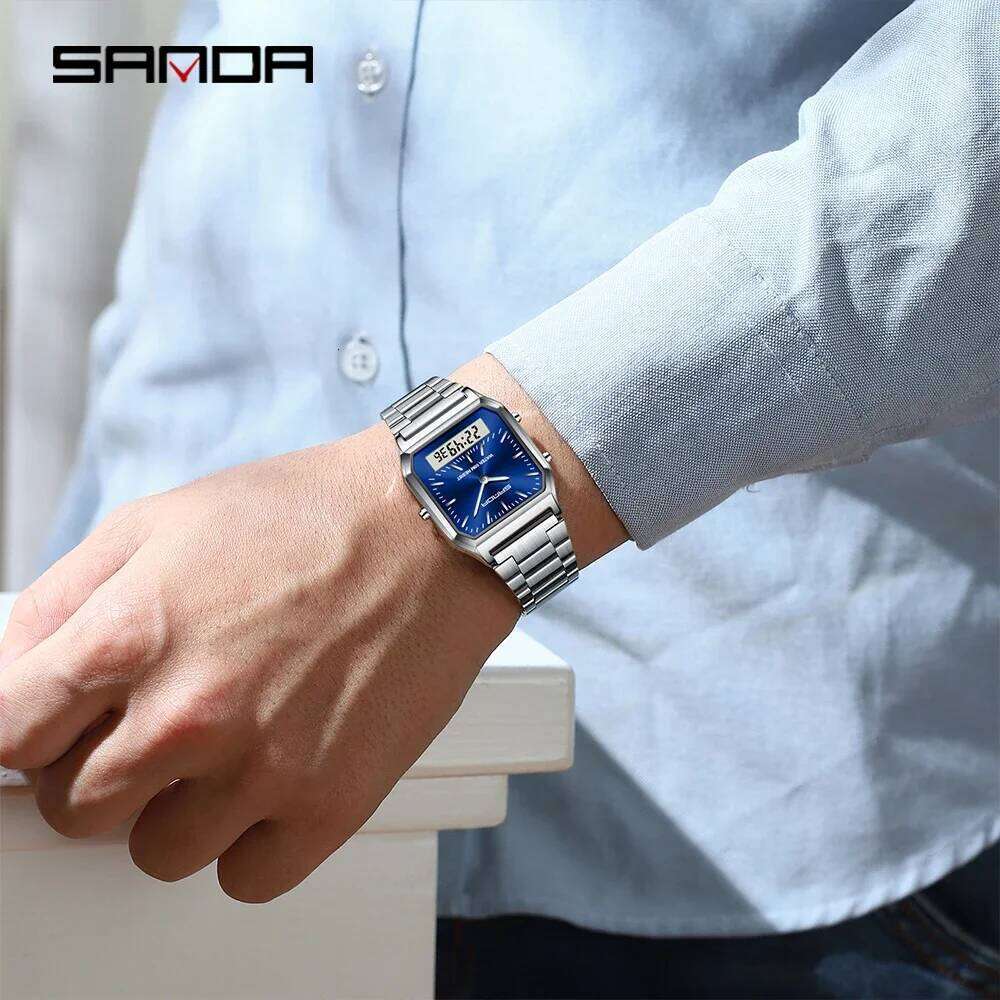 SANDA 747 Men's Quartz Digital Waterproof Casual Fashion Wear-resistant Stainless Steel Couple Strap Square Watch