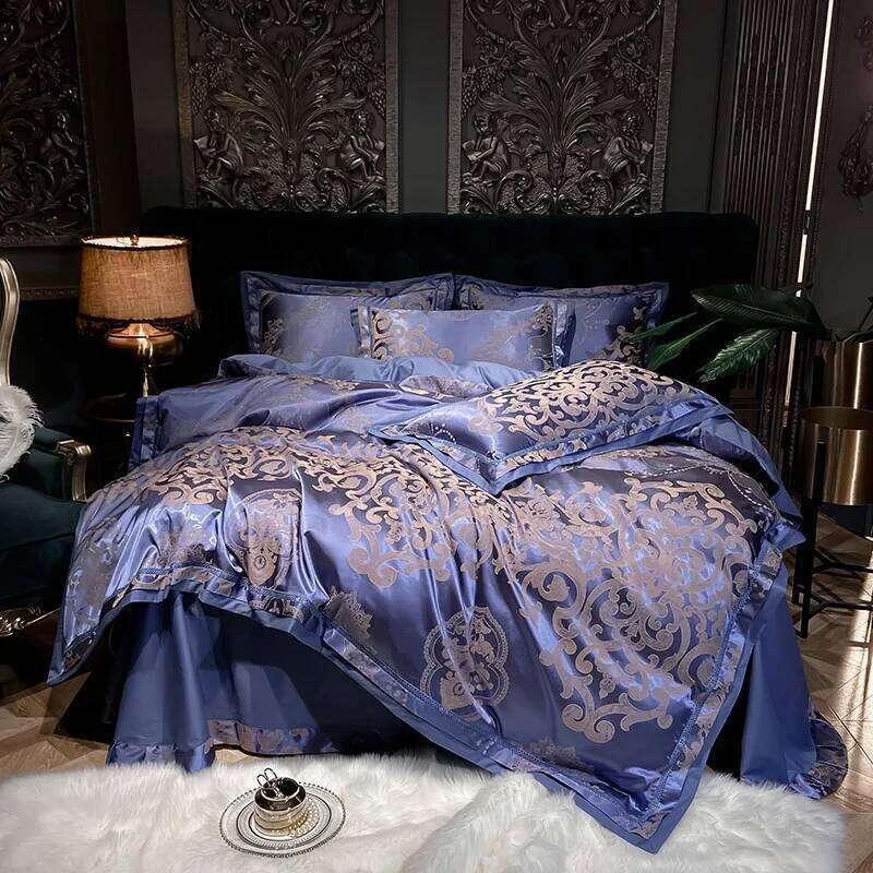 Soft Satin Jacquard Cotton Bedding Set, Duvet Cover, Blue, Gold, Gray, Queen, King Bed Sheet, Pillowcases, Home Textiles H260312