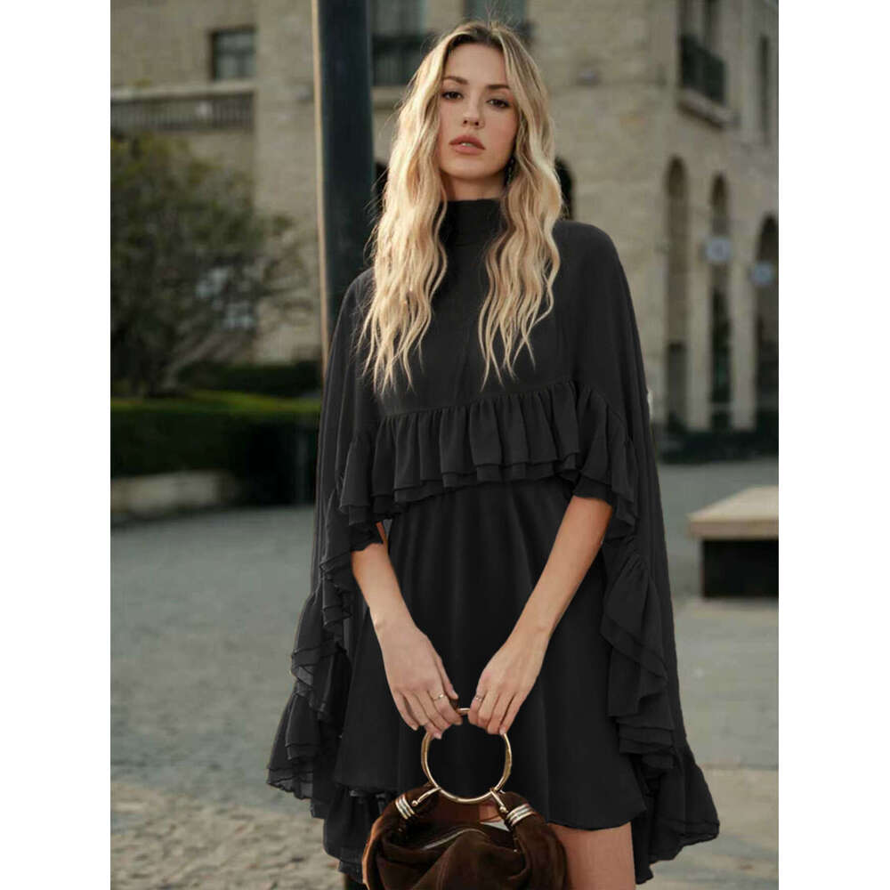 Sexy V-neck Sling Mini Skirt & Ruffle Cape Outfits Fashion Turtleneck Solid Color Loose 2Pc Suit Women Elegant Draped Party Set Asia Size